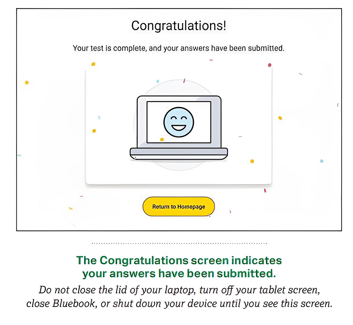 Test completion confirmation screen with laptop icon.