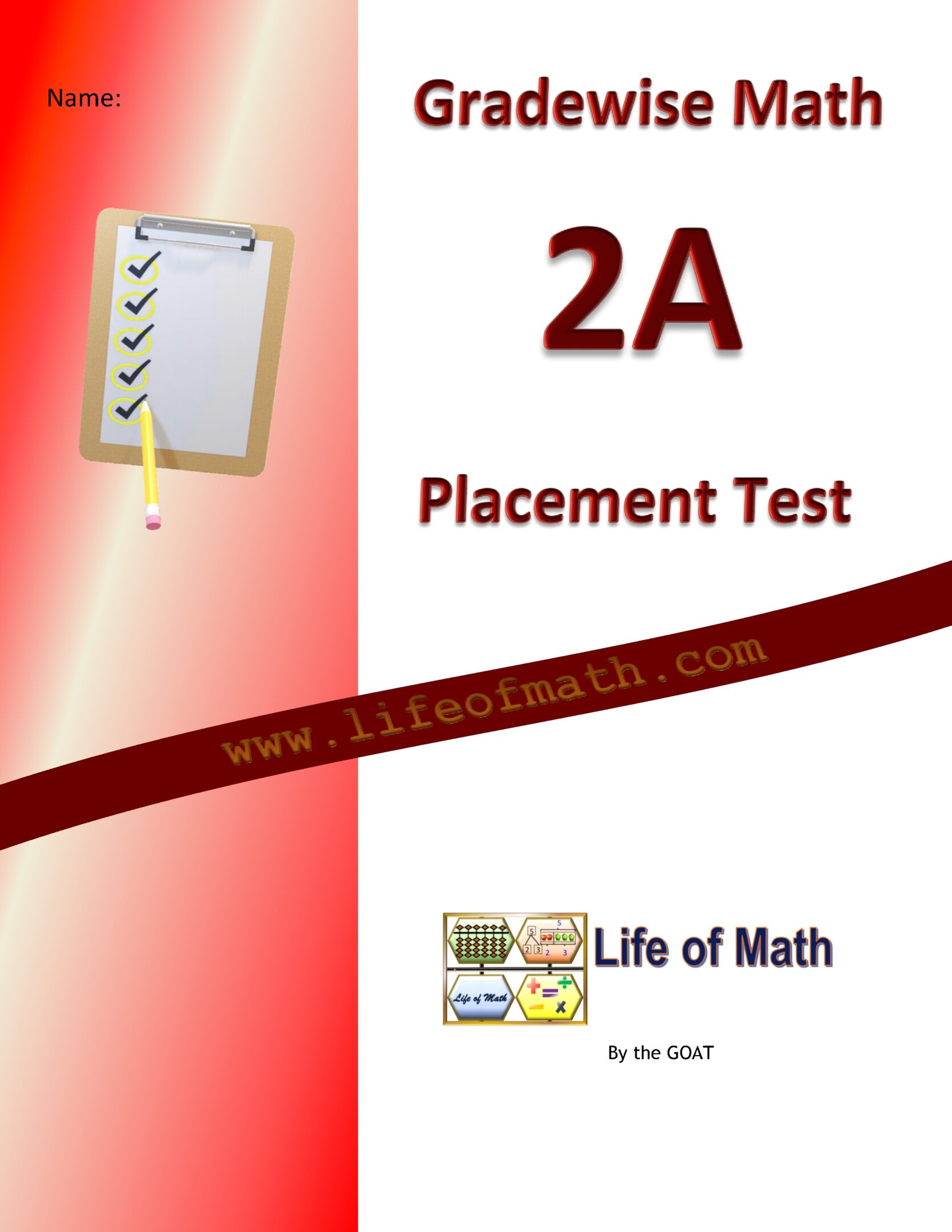Cover page of a Gradewise Math 2A Placement Test by Life of Math, featuring a checklist graphic and a space for the student’s name.