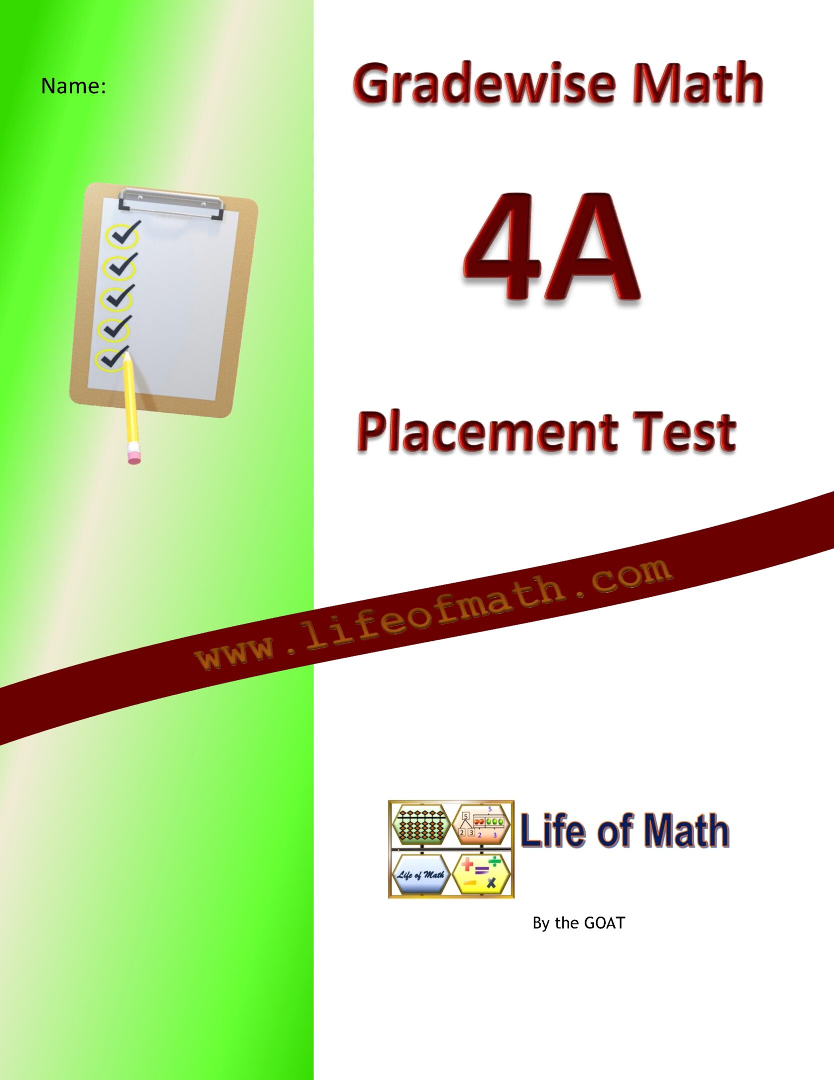 Cover of a Gradewise Math 4A Placement Test by Life of Math, featuring a checklist graphic and website URL www.lifeofmath.com.