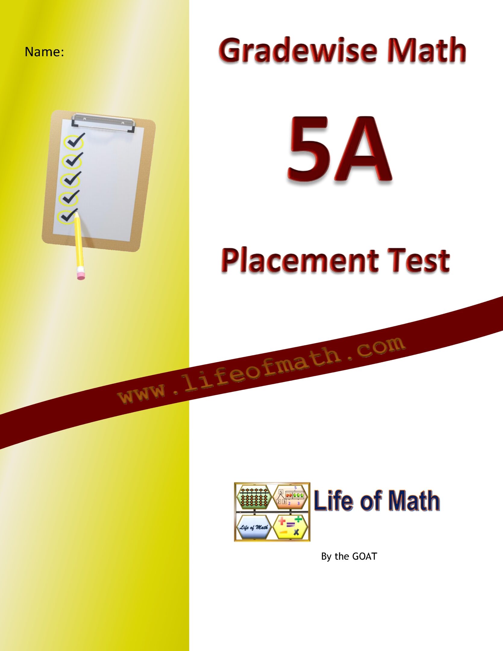 Cover of a Gradewise Math 5A Placement Test by Life of Math, featuring a checklist graphic and a website URL across the middle.
