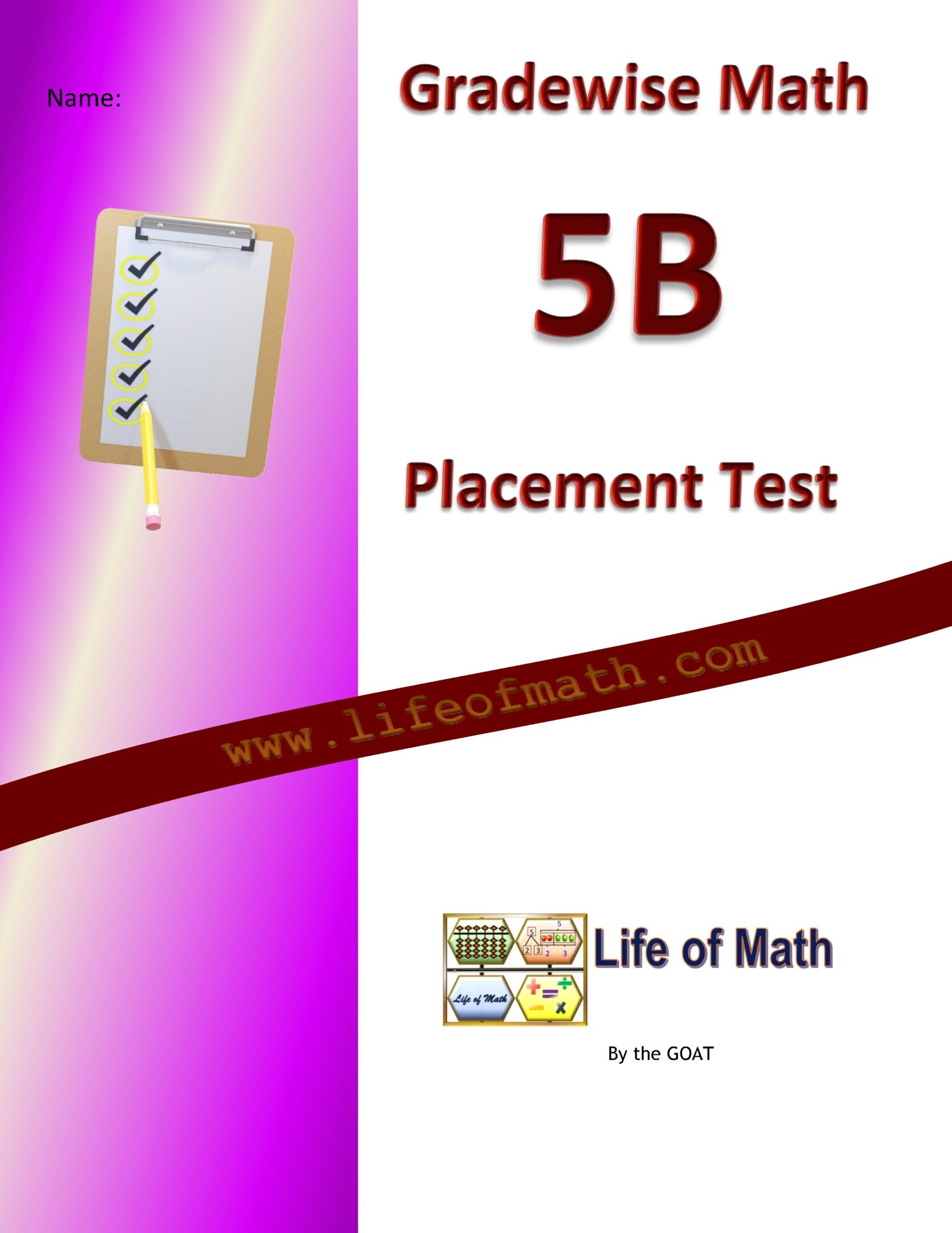 Cover page of a Grade 5B math placement test by Life of Math, featuring a checklist graphic and a space for the student's name.