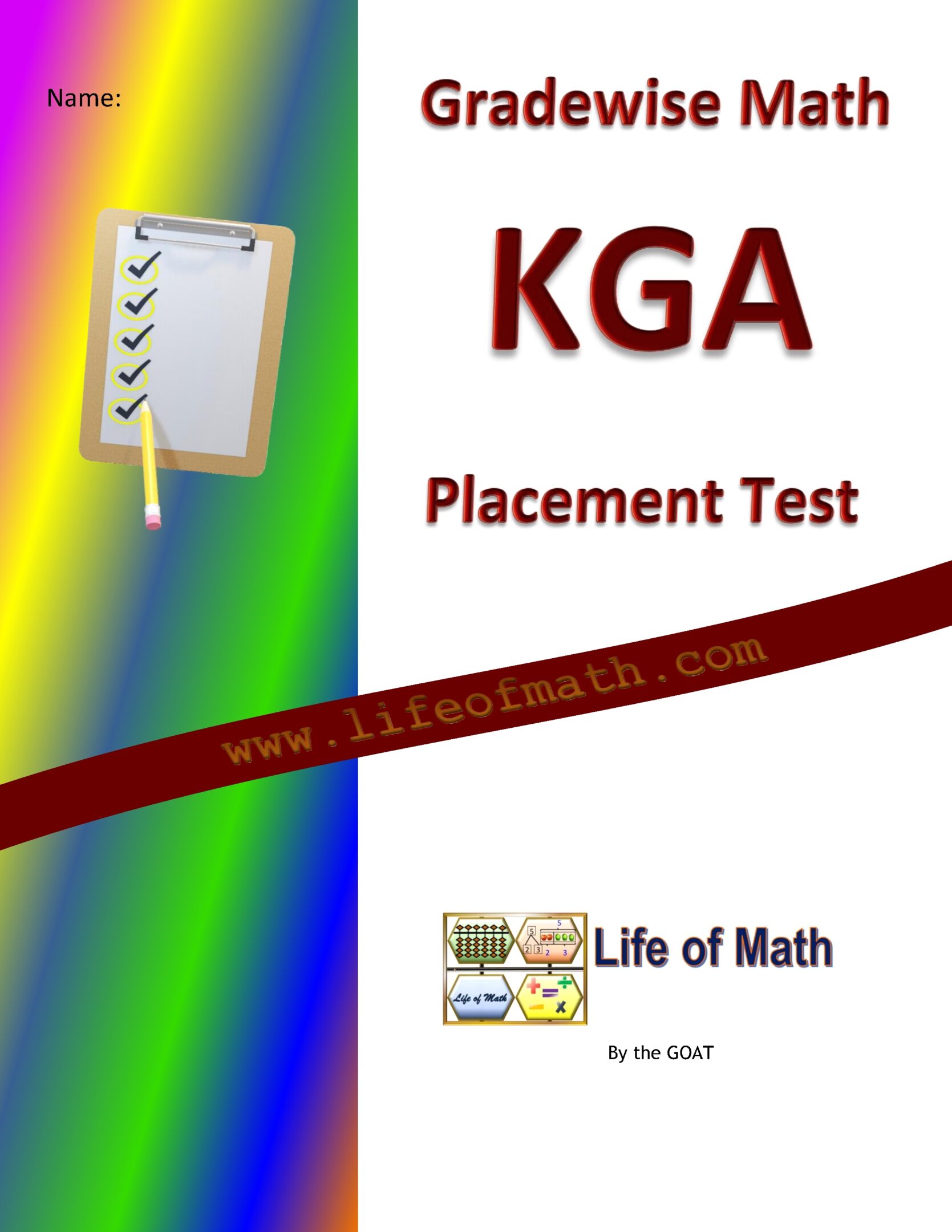 Cover page of the Gradewise Math KGA Placement Test by Life of Math, featuring a checklist graphic and a rainbow gradient background.