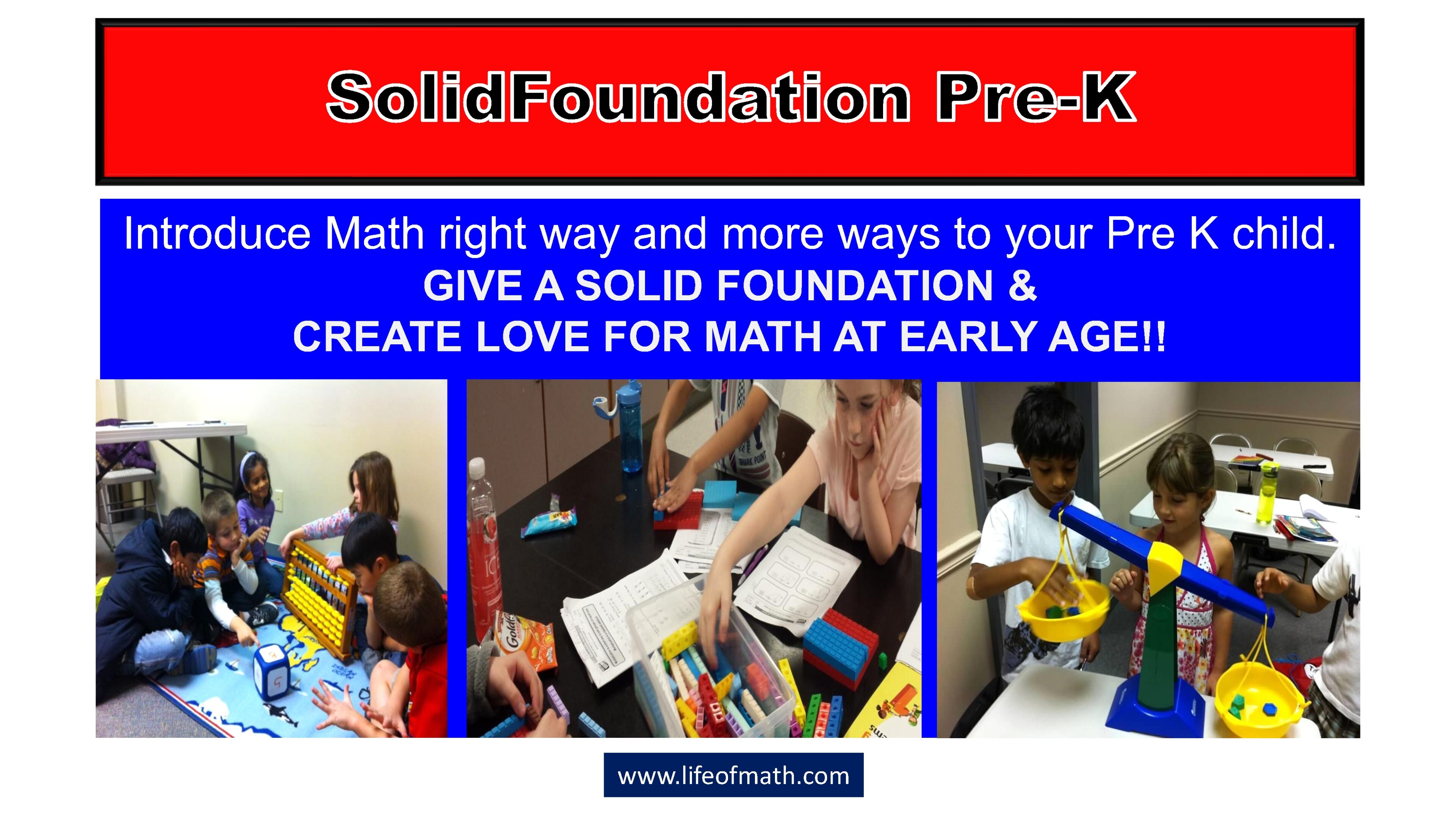 Children engage in various hands-on math activities, such as using blocks, abacuses, and balance scales, in a classroom setting promoting early math learning.