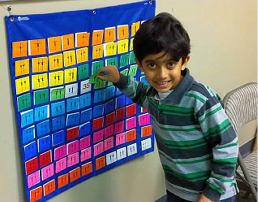 A young boy stands next to a colorful pocket chart filled with numbered cards, holding one card and smiling at the camera.