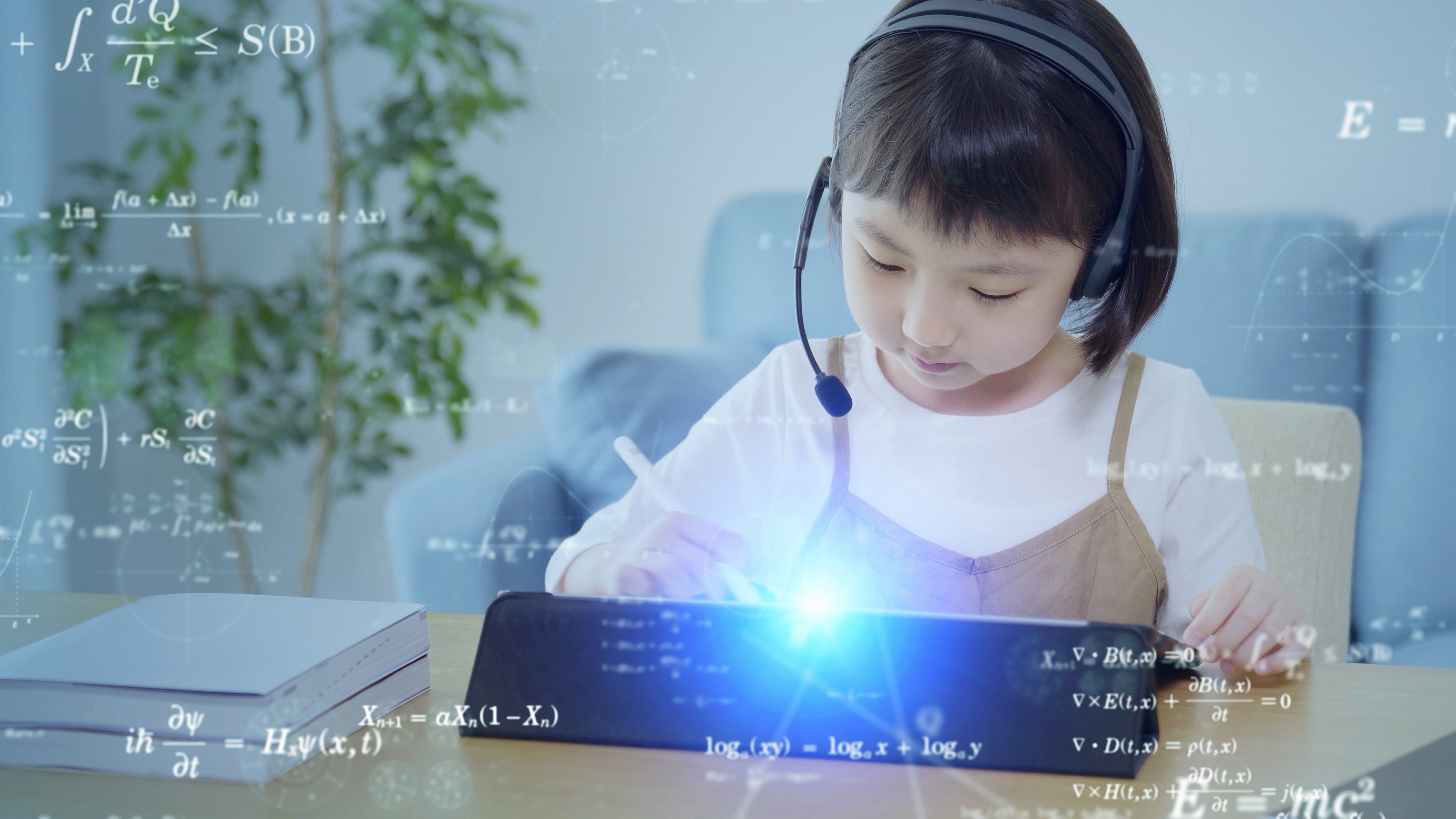 Online education concept. Online class. Asian little girl studying at home. Education. EdTech.