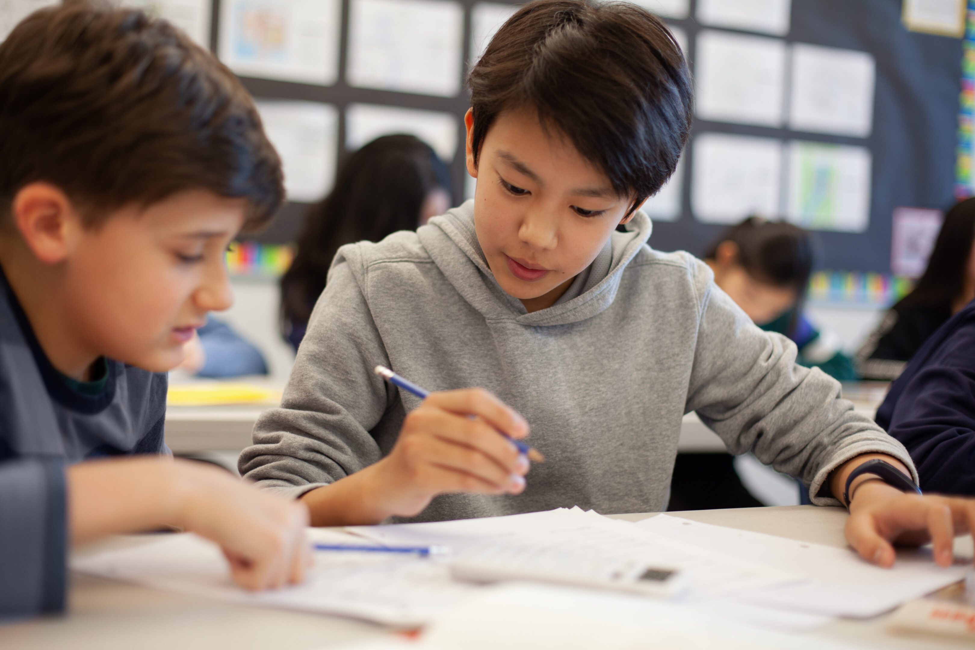 Asian multiracial Korean Japanese boy studies in elementary school classroom with classmate